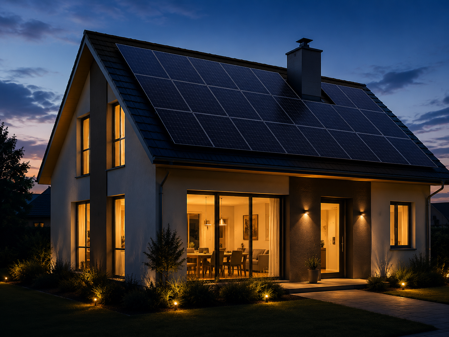Modernes Wohnhaus mit Photovoltaikanlage als Teil eines intelligent geplanten Energiesystems