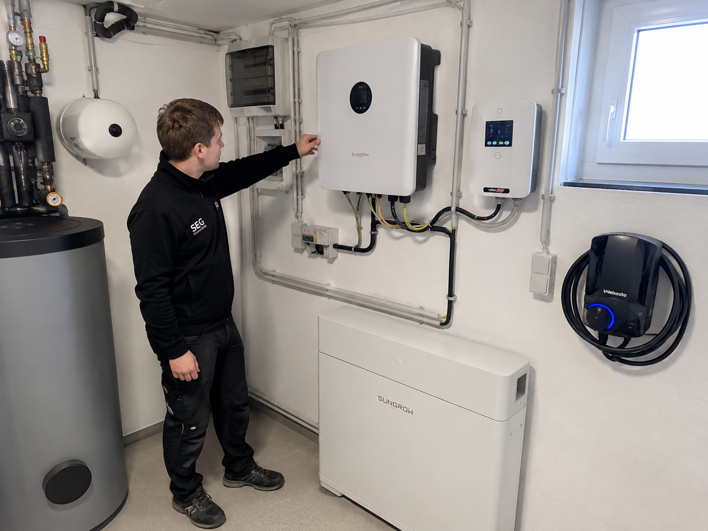 SEG Technikraum mit Speicher, Wechselrichter und Ladeinfrastruktur